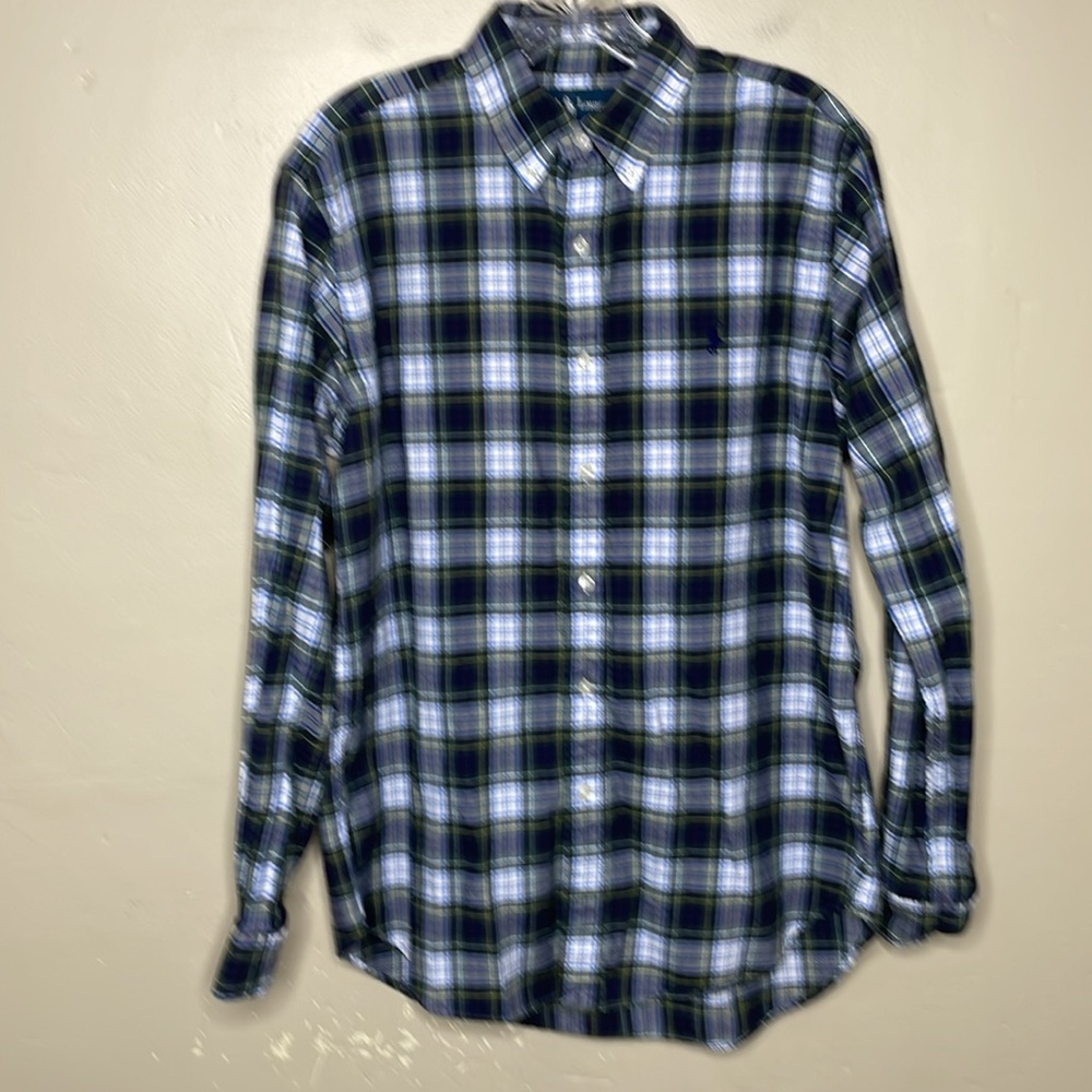 RALPH LAUREN Button Down Shirt Classic Fit Green & Blue Plaid Preppy Academia Md